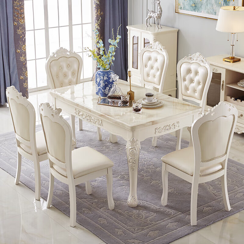半个柠檬欧式餐桌椅组合长方形大理石现代简约家用小户型简欧实木餐桌饭桌 餐桌+真皮玫瑰椅* 4椅