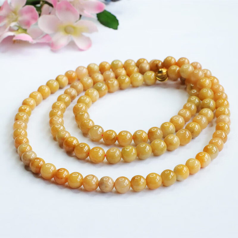 展缘天然a货翡翠项链a货黄翡珠串7mm 黄翡鸡油黄项链 7 mm