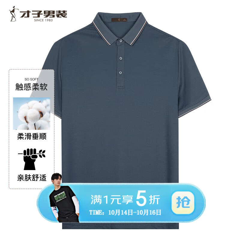 才子（TRIES）男士POLO衫夏季多采净色短袖珠地网透气棉弹轻柔短袖上衣休闲商务 蓝色 XL (175/92A) 50