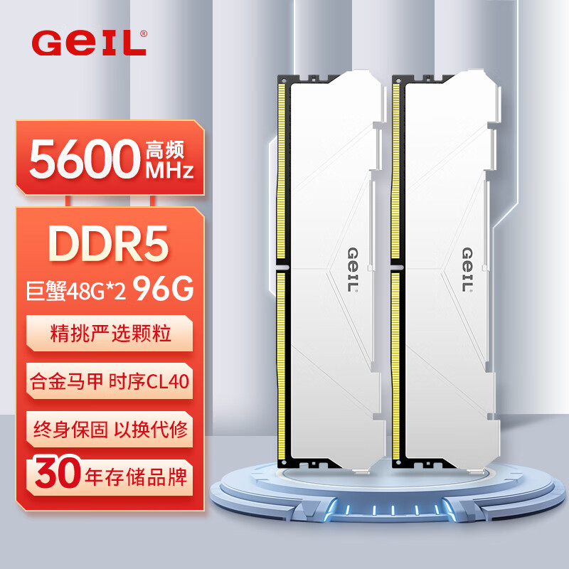 GEIL金邦 96G（48G*2） DDR5-5600  台式机电脑内存条 巨蟹马甲条系列白色