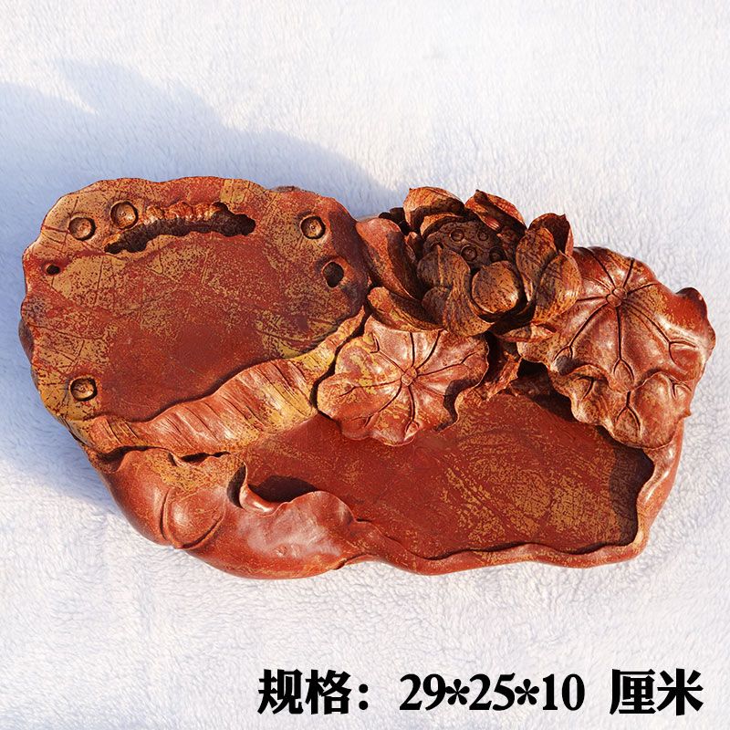 正宗红丝砚红丝石黑山老坑料精雕荷花和和美美砚台非遗臻品收藏佳