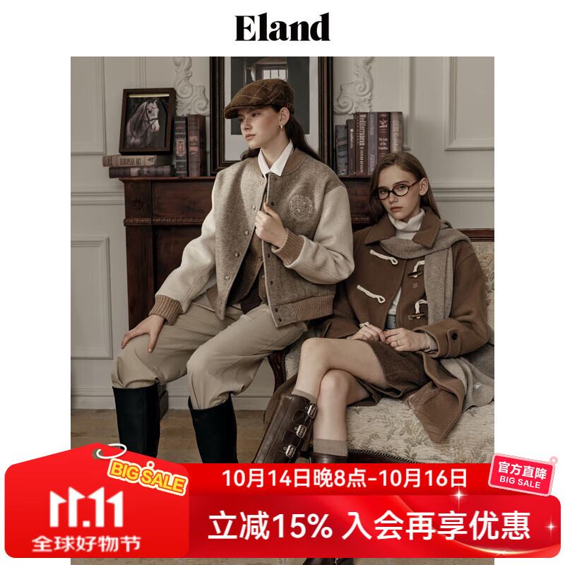 ELAND【92%绵羊毛】衣恋毛呢外套女人字纹运动风棒球夹克城市新户外 卡其色(35)Beige S 160