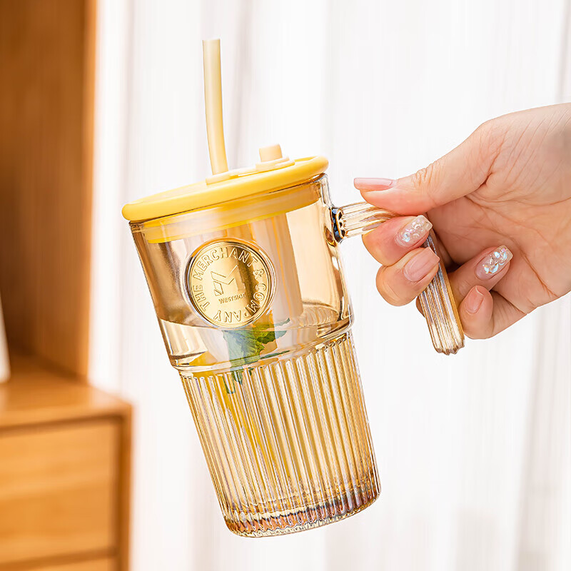 乐唯诗（LOVWISH）ins风大容量带盖带吸管竖条纹玻璃杯高颜值冷饮杯果汁咖啡杯水杯 乐美吸管杯【琥珀】530ml1只