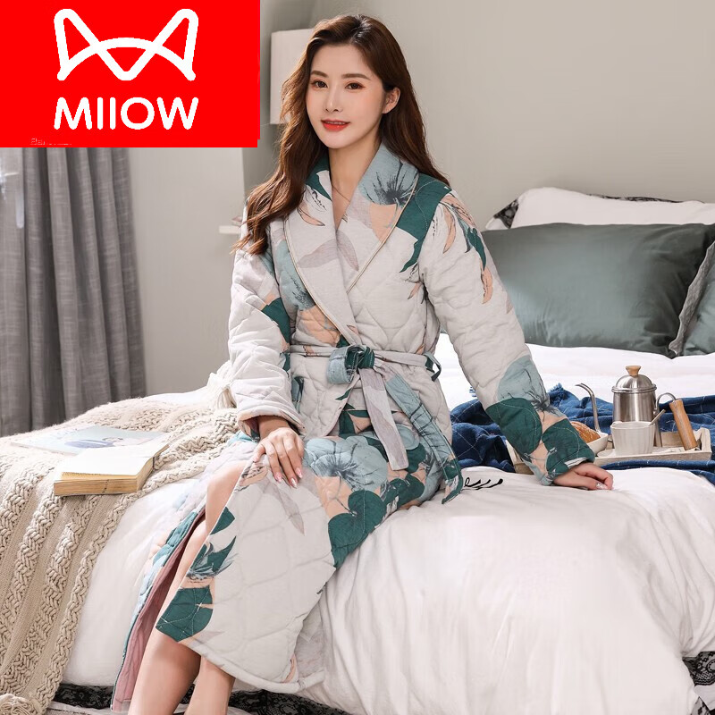 猫人（MiiOW）品牌睡袍女冬季夹棉纯棉三层加厚保暖加长款浴袍冬天睡衣家居袍舒 YZL-S1879 L 【建议-120斤】