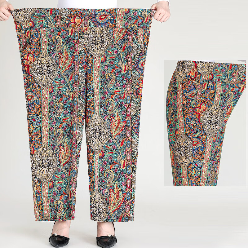 郡纬老奶奶胖老太太夏天特大裤子特大码夏装中老年妈妈薄款九分花裤