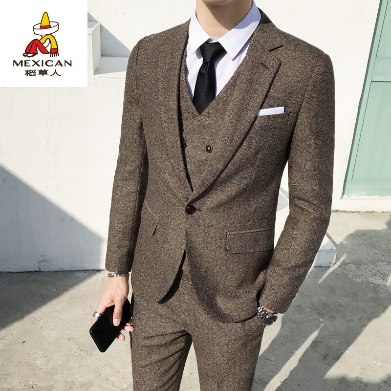 稻草人西装男套装商务西服男士结婚新郎三件套婚礼复古英伦风正装粗花
