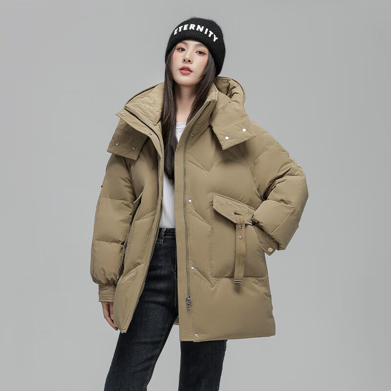 雪中飞90绒羽绒服女中长款25冬季新款保暖白鸭绒连帽外套30982 卡其色 M (165/88A)