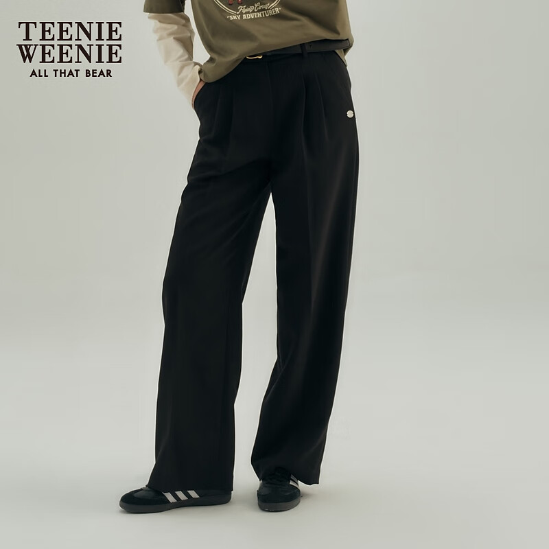 Teenie Weenie小熊秋季简约通勤捏褶直筒裤长裤休闲裤宽松时尚女装 黑色 S (160)