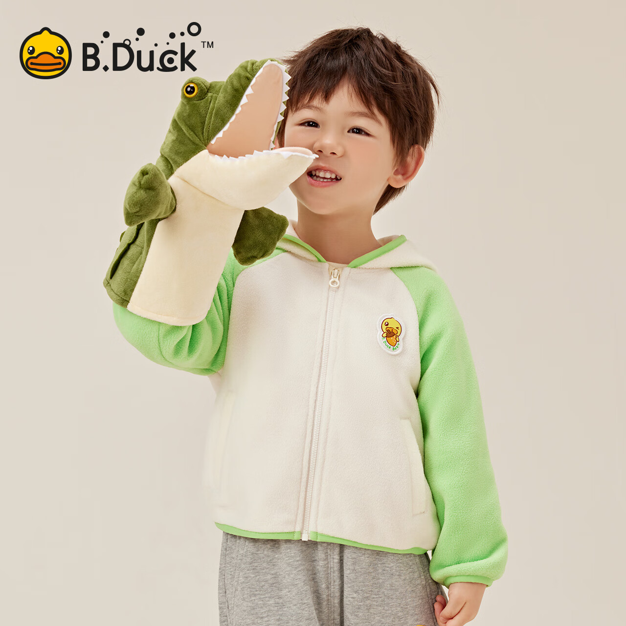 B.Duck小黄鸭童装儿童连帽外套保暖摇粒绒春秋男宝宝开衫 浅卡其 130 cm