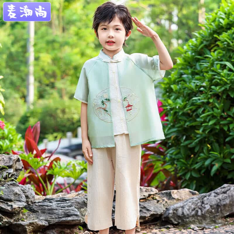 新款男孩中国风短袖古风古装演出民国风唐装汉服 浅绿色尺码偏小一码