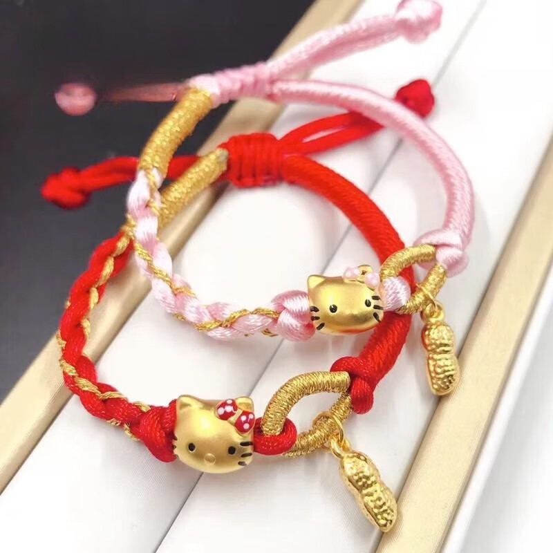 odex老凤凰黄金kitty猫头手链硬金足金999转运珠编织手绳情侣女友礼物