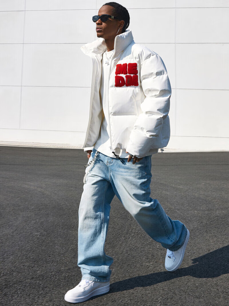 MEDM国潮牙刷绣立领羽绒服男士冬季新款百搭宽松高街休闲保暖外套 白色 XL