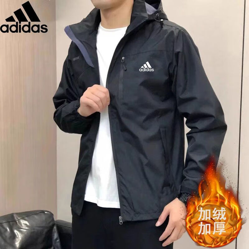 阿迪達(dá)斯 （adidas）三葉草冬季男士沖鋒衣加絨加厚保暖風(fēng)衣防風(fēng)防水防寒連帽夾克外套剪標(biāo)尾貨 黑色[加絨款] 3XL[建議165-185斤]