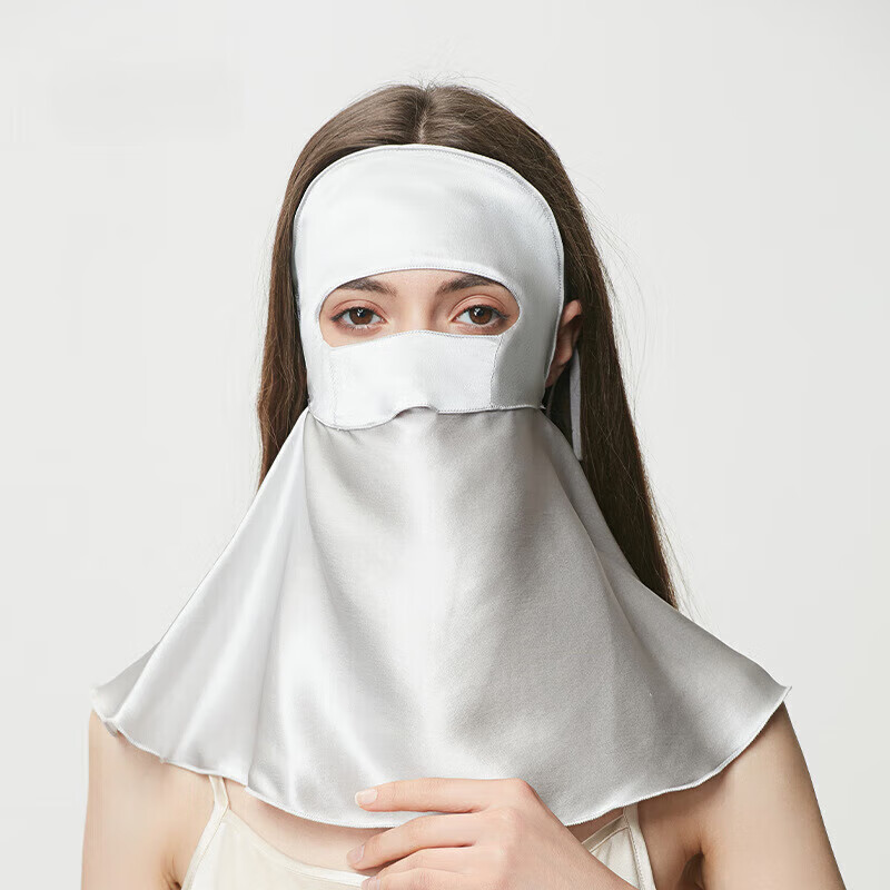 姬帝茫桑蚕真丝面罩玻尿酸透气遮阳户外防晒防护面具 真丝灰 全脸护颈