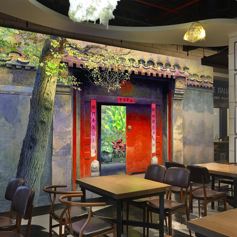 仁聚益复古怀旧农家小院墙纸中式古建筑墙布直播网红餐厅火锅店装饰