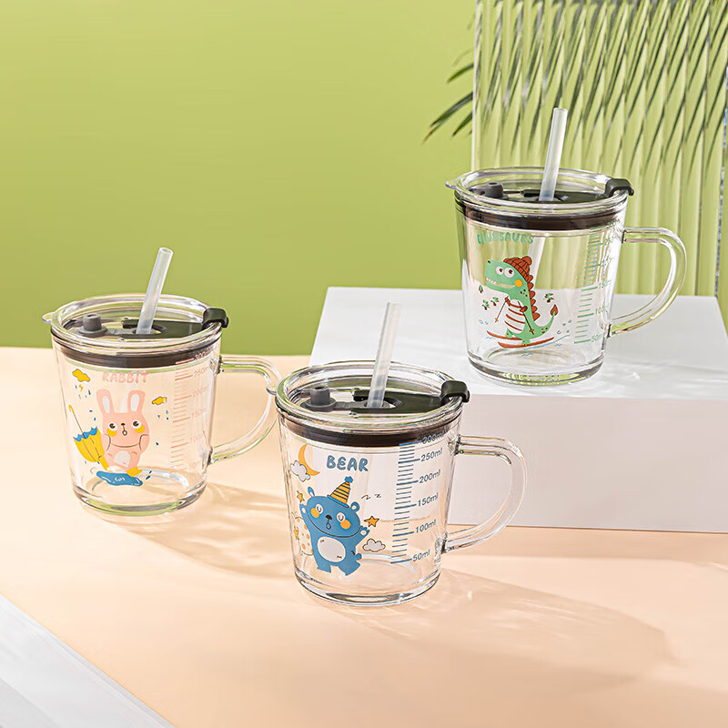 乐唯诗（LOVWISH）玻璃带刻度牛奶杯儿童吸管水杯喝奶杯泡冲奶粉专用大宝宝早餐杯 卡通吸管杯【恐龙】300ml1只