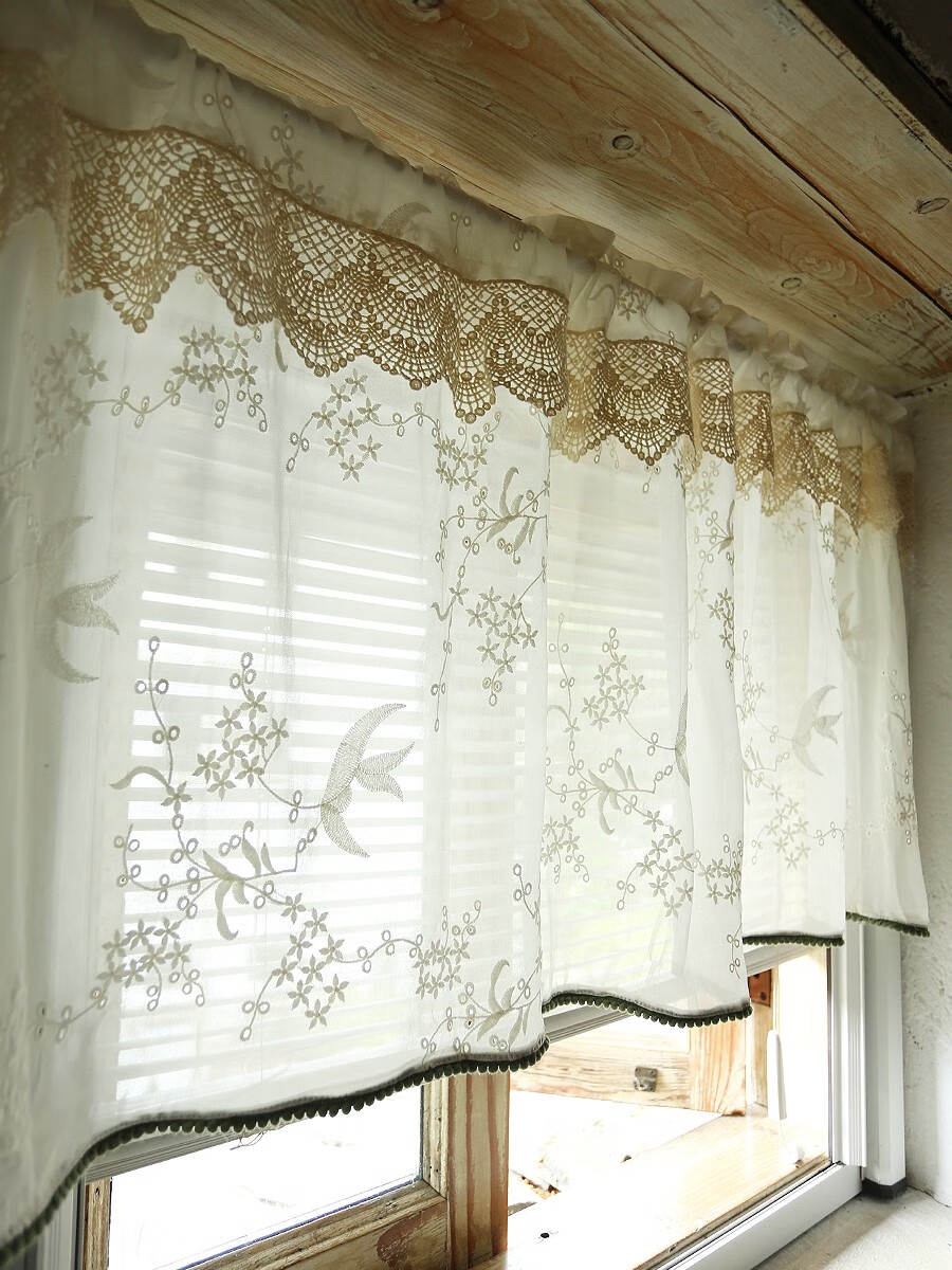 美式雁南飞半遮光透光半帘门帘窗帘窗纱定制卧室客厅厨房 白色绣花纱