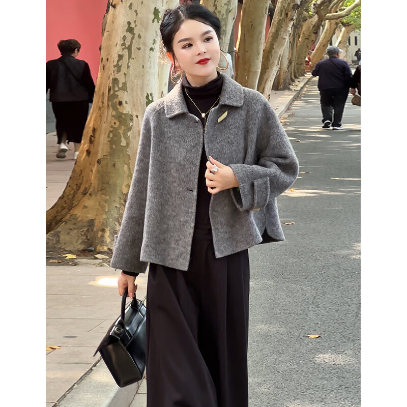 迪芬.璐嘉2025年秋冬新款韩版宽松气质双面呢大衣小个子羊毛休闲毛呢外套女 浅花灰 M