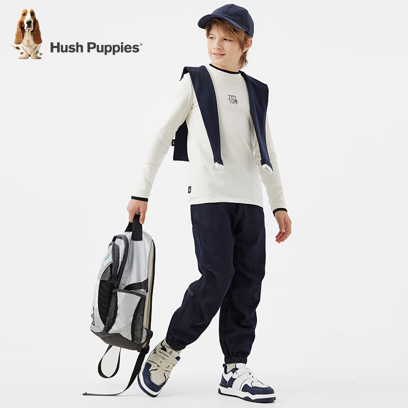 暇步士(Hush Puppies)【经典款】童装儿童男女大童秋季新款舒适气质休闲感打底衫 米白色 120 cm