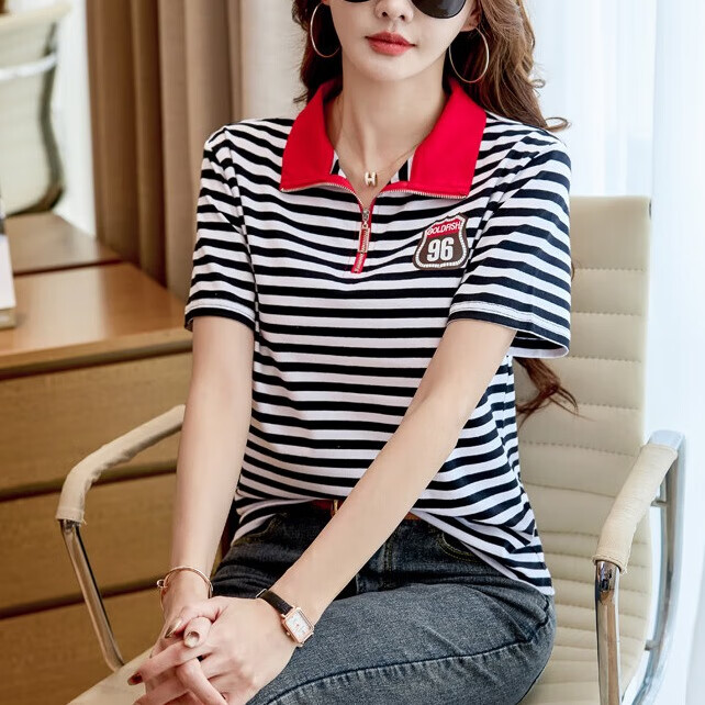 条纹短袖t恤女夏季新款时尚休闲上衣百搭纯棉女装修身减龄翻领衫 红色