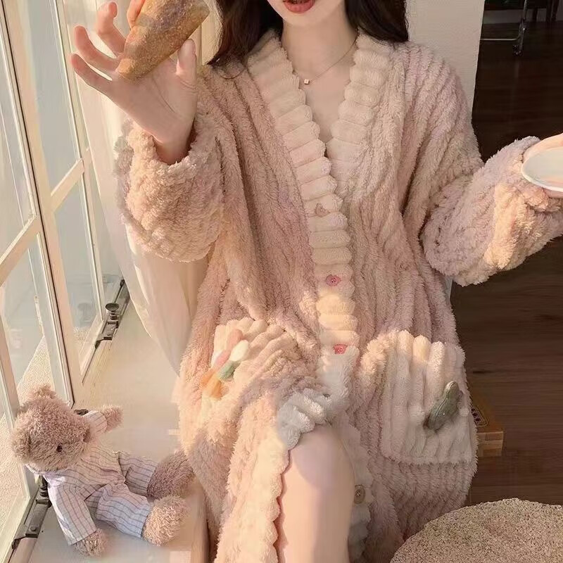 有只绵秋冬新款珊瑚绒睡袍大耳狗连帽睡衣可爱保暖加厚家居服女 粉色彩虹花朵睡袍 均码(80-150)