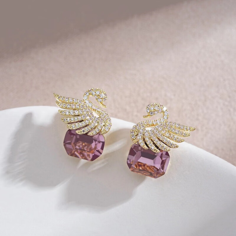 巴克乐乐925银针仙女耳环紫色系水晶超仙天鹅气质精致耳坠紫色耳钉网