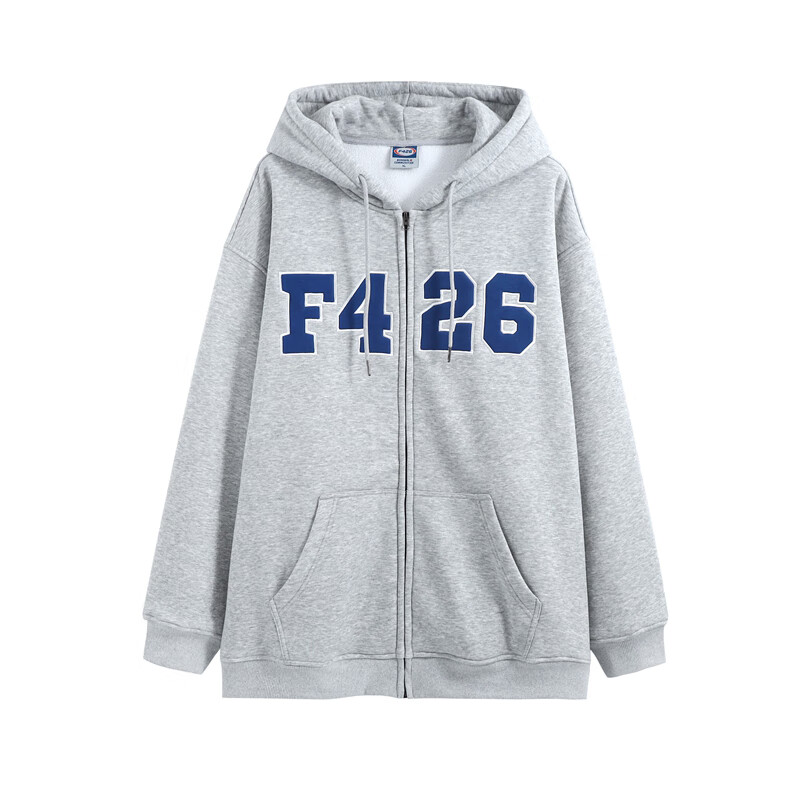 f426国潮牌情侣嘻哈春季4色大logo贴布开衫卫衣网红同款 花灰 加绒 s