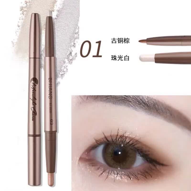 蜡笔小象双头卧蚕笔眼妆女珠光卧蝉笔不晕染高光提亮阴影眼影棒 01珠光白+古铜棕