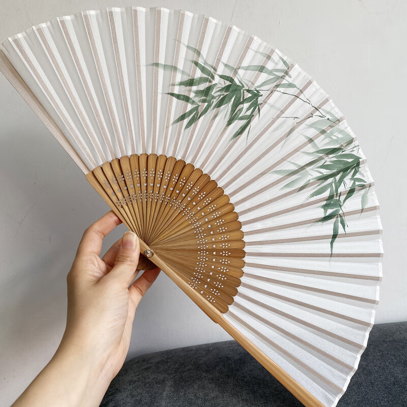 hywlkj原创扇子真丝手绘中国风竹子花鸟山水国画古风可汉服新中式折扇