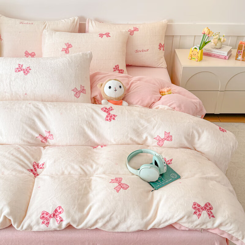软贝小清新牛奶绒床上四件套保暖毛绒床单被套学生宿舍秋冬款三件套 蝴蝶结 床笠款 1.8m  被套200*230cm 四件套