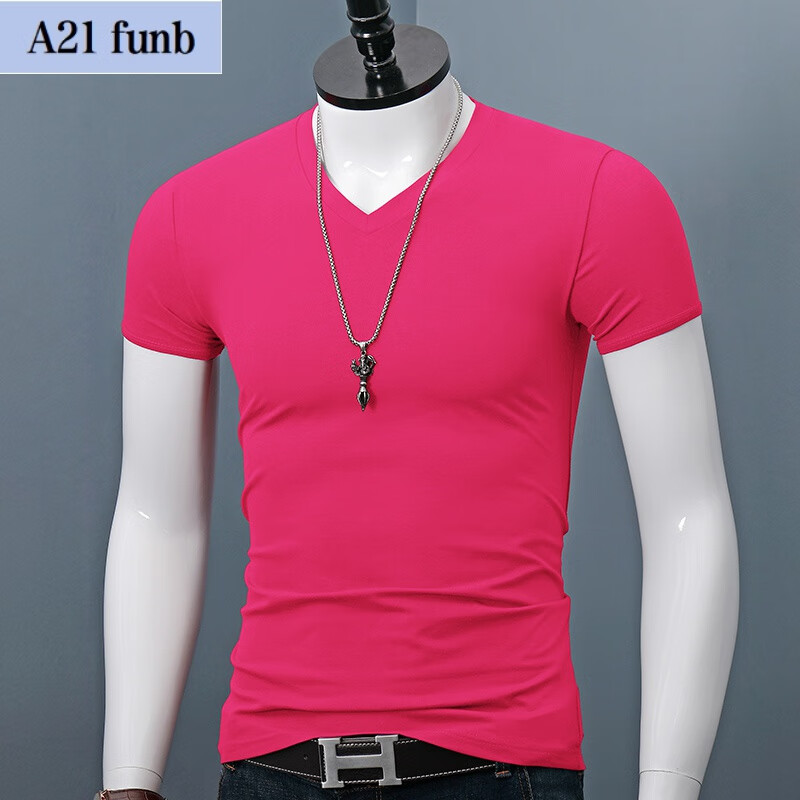 棉v领短袖t恤男士纯色修身简约大码半袖打底青年百搭