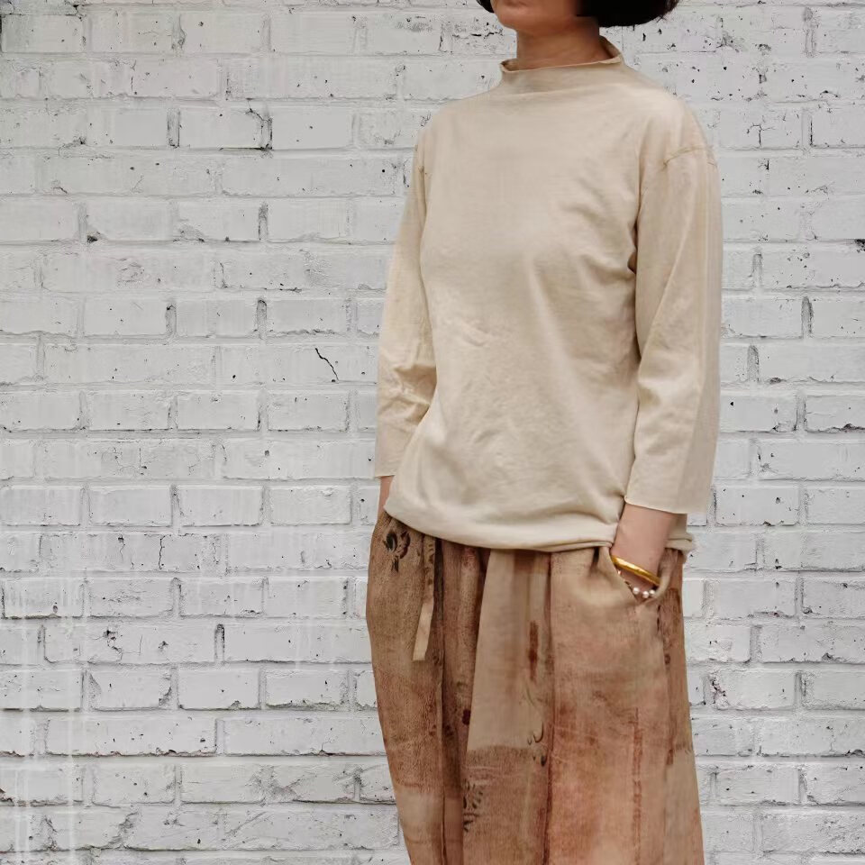 山下的家棉麻瑜伽上衣半長(zhǎng)袖護(hù)肘春夏瑜伽練習(xí)服棉麻交織瑜伽服護(hù)肘高領(lǐng) 棉麻色織原色無(wú)染 M