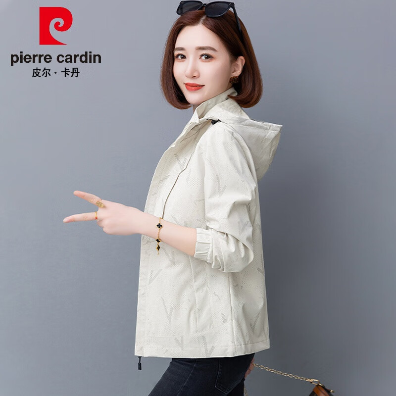 皮爾卡丹（pierre cardin）高檔輕奢女士外套春秋2024新款休閑運動連帽夾克中年婦女時尚女裝 象牙白 3XL (推薦140-155斤)