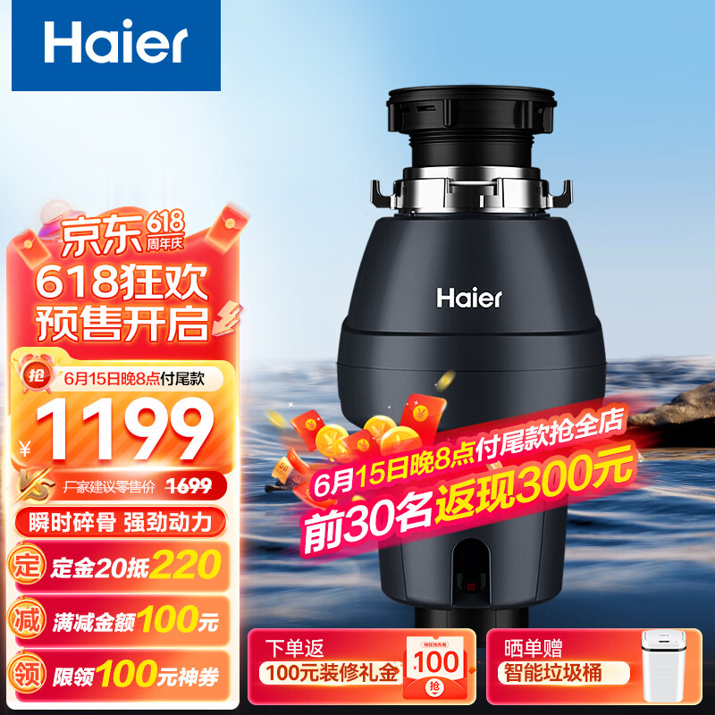 海尔（Haier） 厨房垃圾处理器家用隔音降噪厨余食物粉碎机 细研磨无线开关 【经济适用款】晶釉蓝LD620-S1