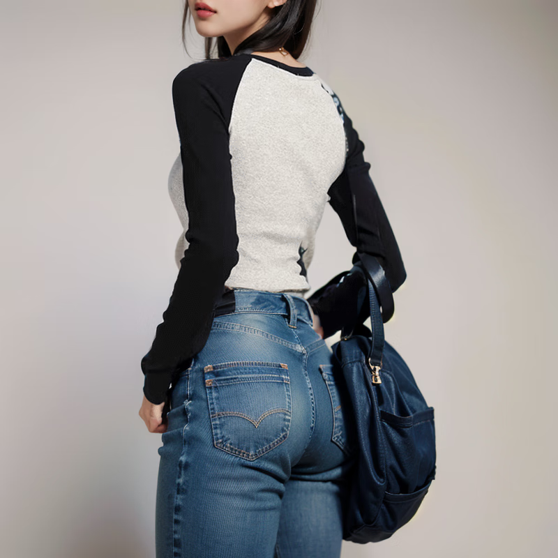 TAKE MOVE秋季撞色拼接圆领长袖T恤女24新款修身显瘦训练健身潮流休闲打底 灰拼黑 S (80-95斤)