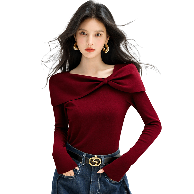 西遇（Westlink）一字肩套頭毛衣女2025年秋冬新款設(shè)計感氣質(zhì)蝴蝶結(jié)長袖針織衫 紅色 M (160)