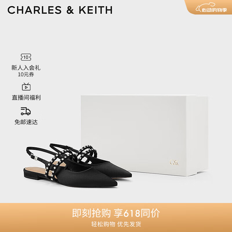 CHARLES&KEITH24夏季新品尖头平底镶钻一字带凉鞋女SL1-71790030 BLACK TEXTURED黑色纹理 38