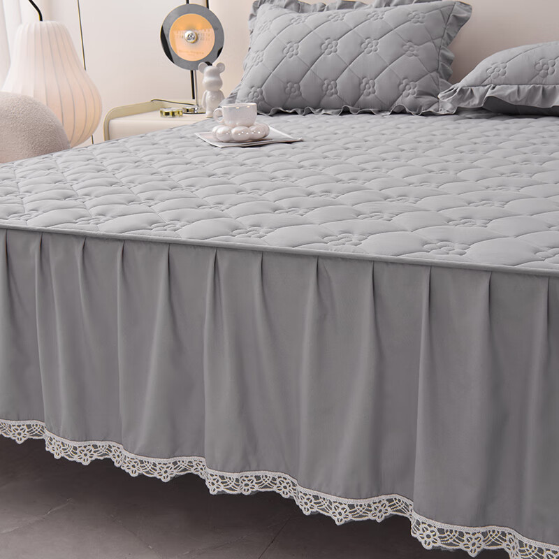 诸禄家纺 床笠式床裙二合一四件套A类原棉夹棉床罩床围裙四季2025新款 太阳花-夜灰 床裙款 2.0m四件套