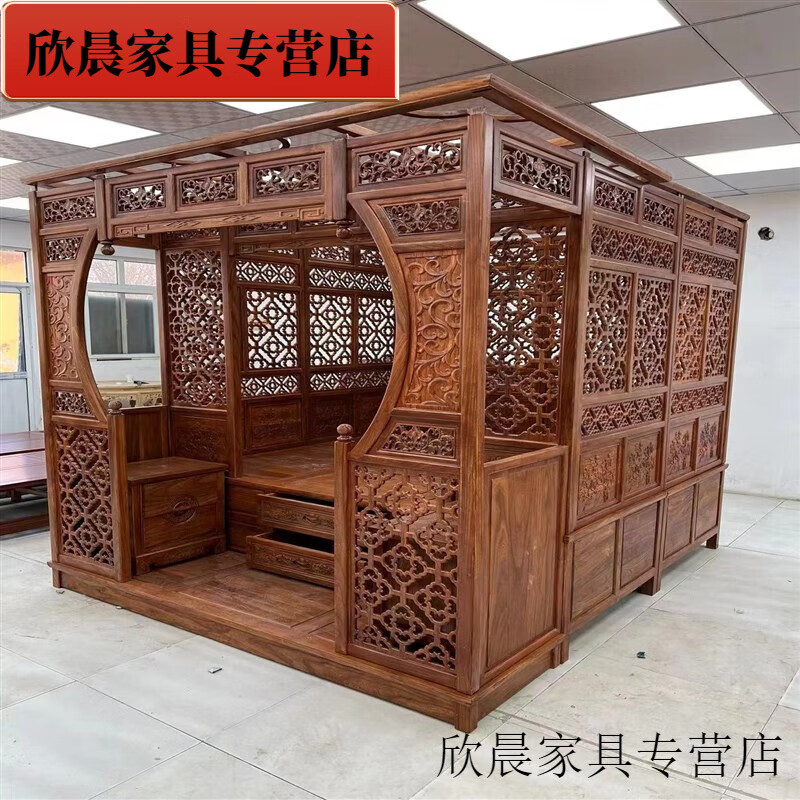 虞萌馨迪老榆木拔步床 老榆木拔步床踏步床架子床千工八步床明清仿古
