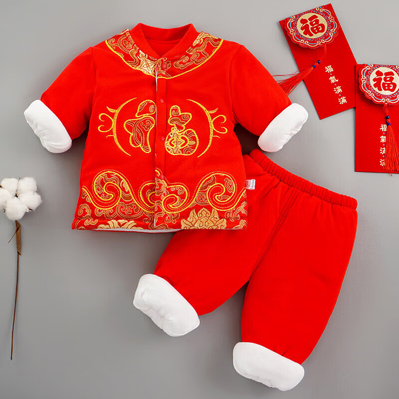 圣琪朵婴儿拜年服冬季喜庆加绒加厚分体爬服过年冬天宝宝过新年拜年衣