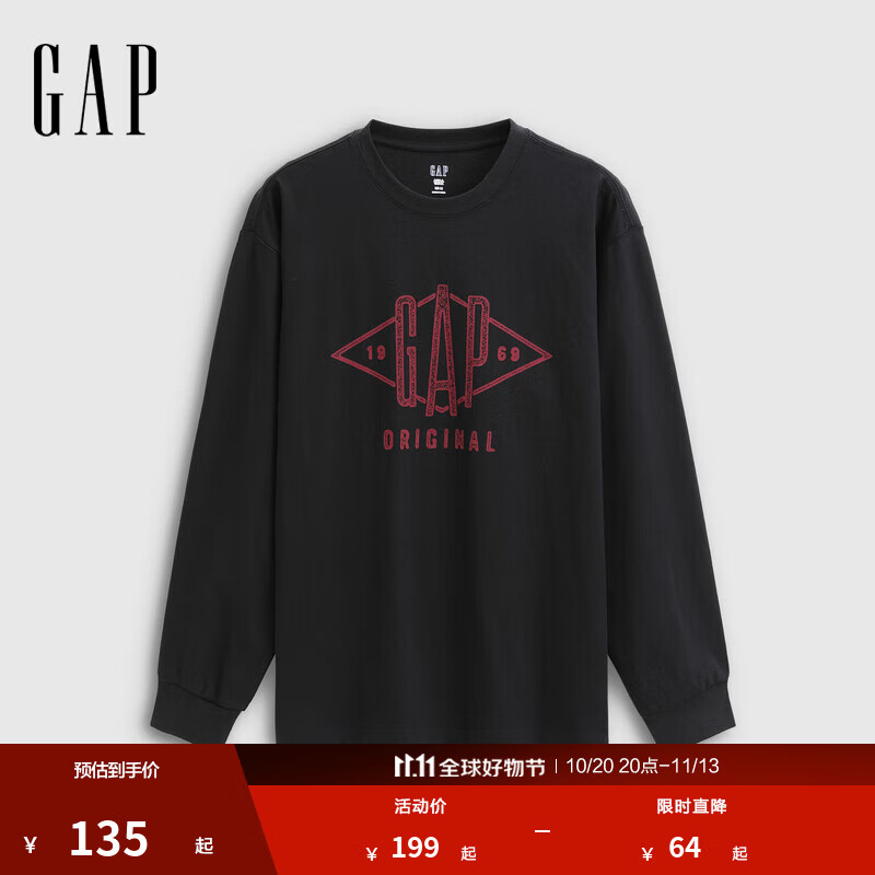 GAP男女装2025秋季新款印花logo纯棉宽松圆领长袖T恤上衣786879 黑色 L (175/96A)亚洲尺码
