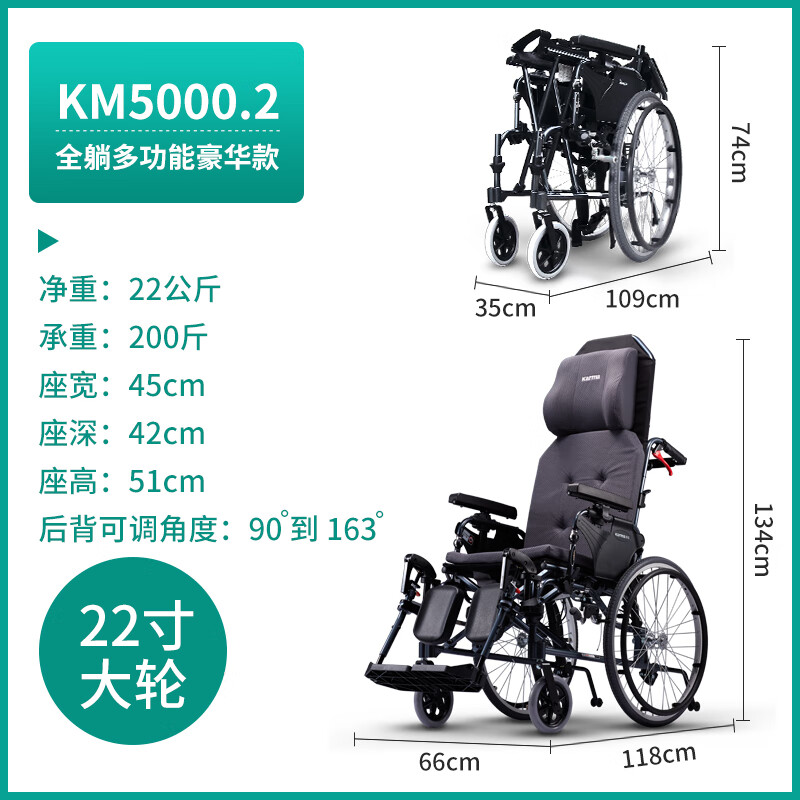 康扬进口轮椅可全躺平式高靠背折叠瘫痪渐冻症老年老人专用手推车