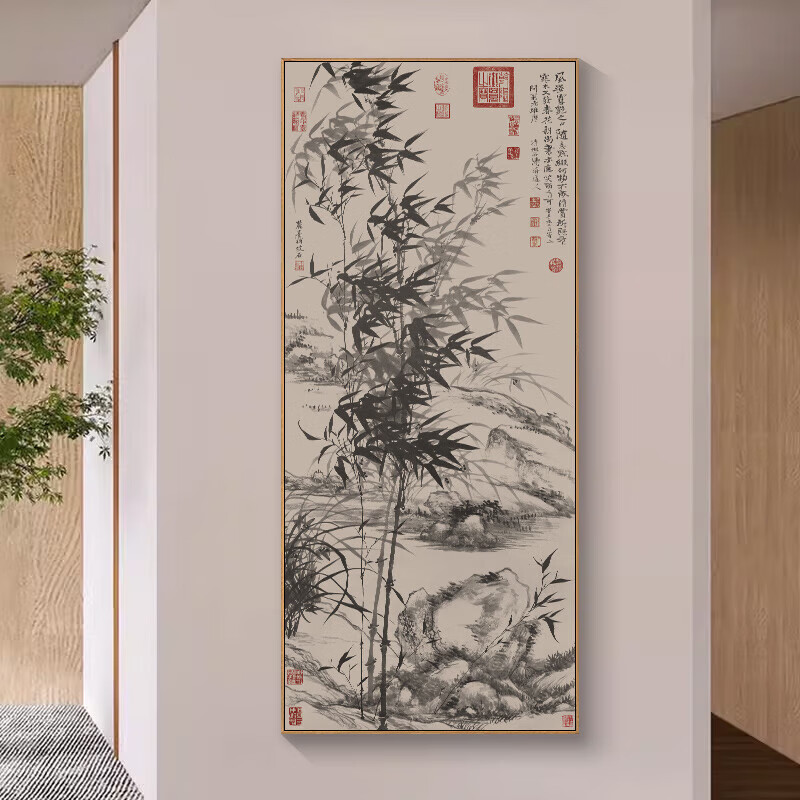 中古风水墨装饰画竹石图竹子国画名画复制品茶室茶楼玄关过道挂画 a