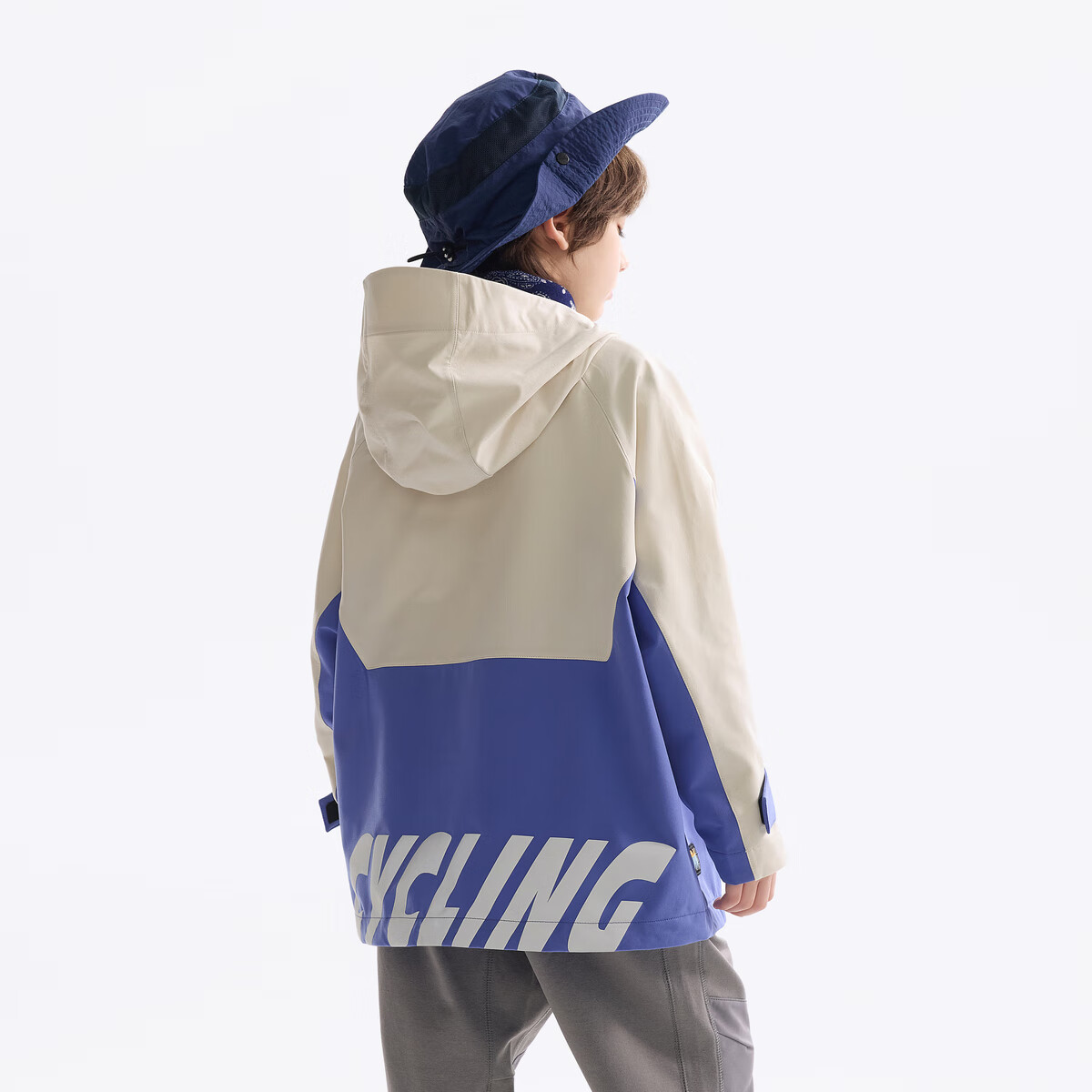 马骑顿(MQD)童装儿童风衣2025新款春秋季男童连帽外套斜门襟拼色时尚上衣 海岸蓝 150