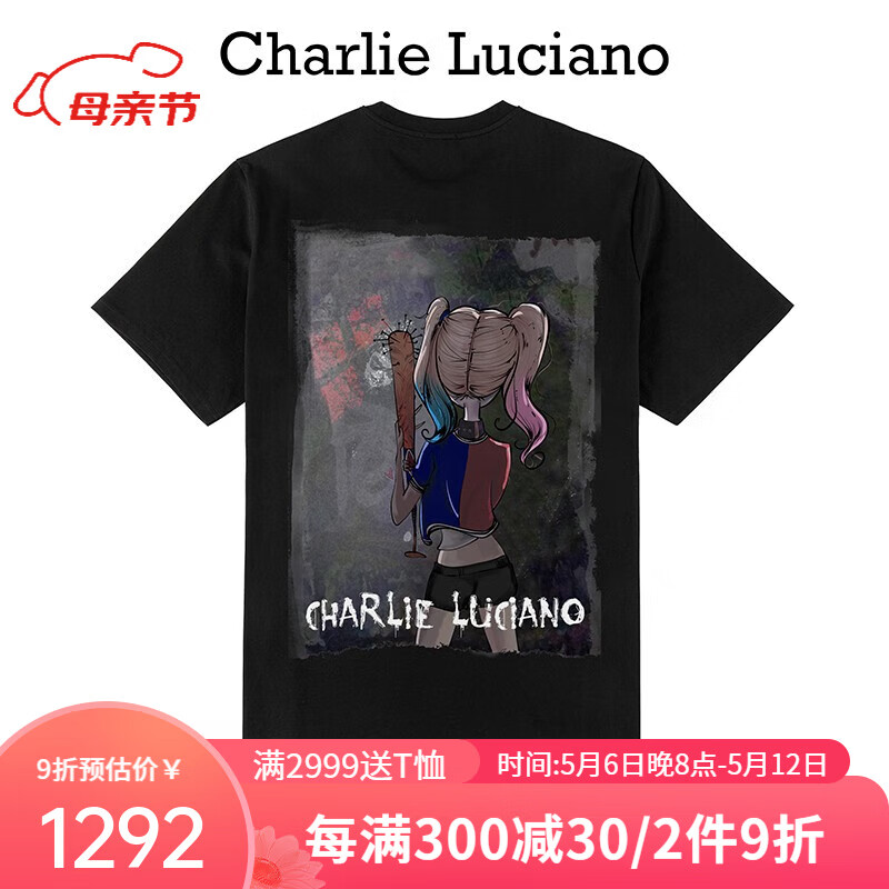 Charlie Luciano小丑女背影短袖夏季新款情侣男女同款潮流个性小众国潮上衣T恤男 黑色 S