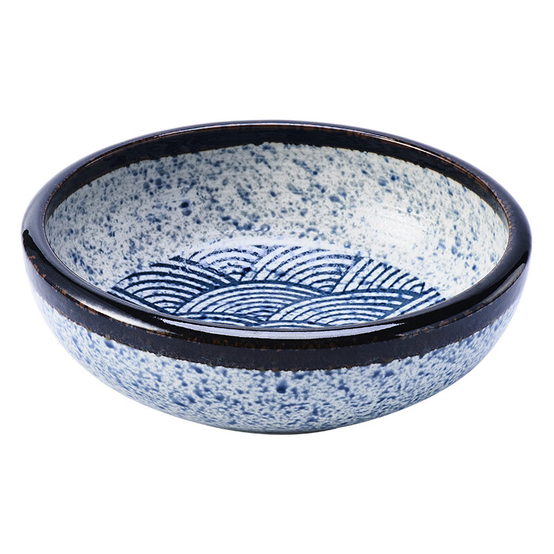 可可屋日本进口美浓烧青海波纹釉下彩陶瓷米饭碗面碗汤碗拉面碗多用碗 SKN-15 厚口汤钵(特大）