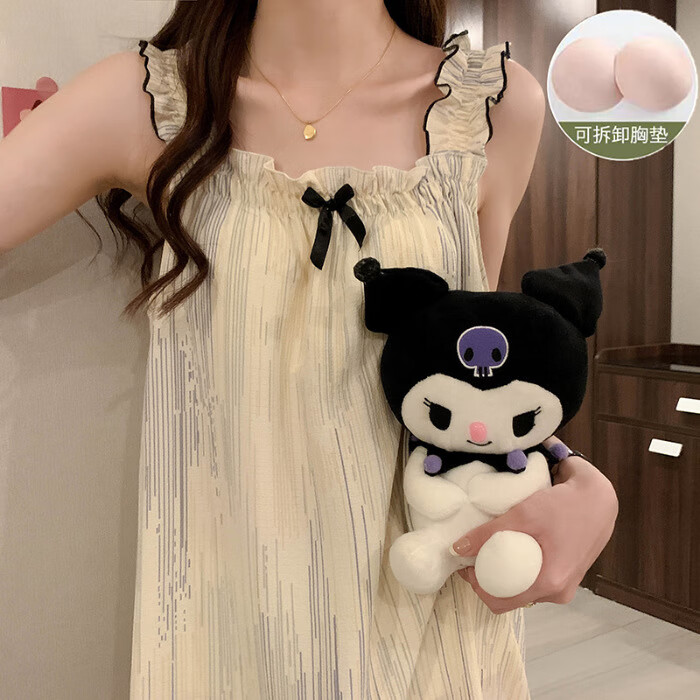 少女薄款泡泡棉带胸垫可拆卸无袖吊带女睡裙夏季外穿公主风家居服 FM2666#-4011竖条 M