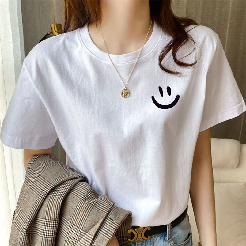 宽松白色新中式圆领时尚正肩印花体恤中国风减龄显瘦 白色【笑脸】