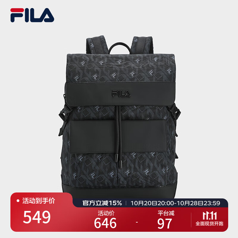 FILA 斐乐官方男士背包2025冬新款时尚休闲翻盖双肩包书包电脑包 满印一-ZA XS