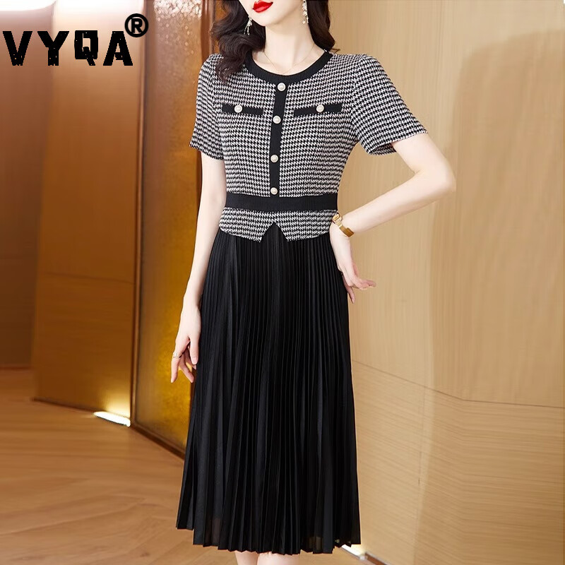 VYQA高端品牌 假两件小香风连衣裙女 夏季新款千鸟格时尚气质减龄裙子 黑色 XL